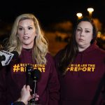 
              Melaine Coburn, left, and Megan Imbert, former employees of the Washington Football Team, speaking to members of the media in the parking lot of FedEx Field before the start of an NFL football game, Monday, Nov. 29, 2021, in Landover, Md. Coburn and Imbert are calling for NFL Commissioner and NFL to release a written report of the findings of the independent investigation into sexual harassment and abuse by the Washington Football Team. (AP Photo/Julio Cortez)
            