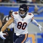
              Chicago Bears tight end Jimmy Graham runs into the end zone for a touchdown during the first half of an NFL football game against the Detroit Lions, Thursday, Nov. 25, 2021, in Detroit. (AP Photo/Duane Burleson)
            