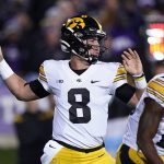 
              Iowa quarterback Alex Padilla looks to pass against Northwestern during the first half of an NCAA college football game in Evanston, Ill., Saturday, Nov. 6, 2021. (AP Photo/Nam Y. Huh)
            