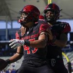 
              San Diego State wide receiver Jesse Matthews (45) celebrates with running back Kaegun Williams (26) after scoring a touchdown during the first half of an NCAA college football game against Boise State in Carson, Calif., Friday, Nov. 26, 2021. (AP Photo/Ashley Landis)
            