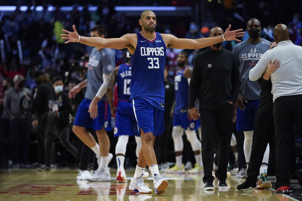 Los Angeles Clippers forward Nicolas Batum (33) celebrates after a 117-109 win over the Portland Tr...