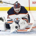 
              Edmonton Oilers goaltender Mikko Koskinen makes a save against the Vegas Golden Knights during the second period of an NHL hockey game Saturday, Nov. 27, 2021, in Las Vegas. (AP Photo/Chase Stevens)
            