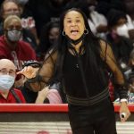 
              South Carolina head coach Dawn Staley directs her team during the second half of an NCAA college basketball game against North Carolina State, Tuesday, Nov. 9, 2021 in Raleigh, N.C. (AP Photo/Karl B. DeBlaker)
            