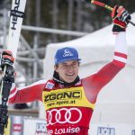
              Austria's Matthias Mayer celebrates winning the men's World Cup downhill ski race in Lake Louise, Alberta, Saturday, Nov. 27, 2021. (Jeff McIntosh/The Canadian Press via AP)
            
