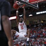 
              Texas Tech's Bryson Williams dunks during the first half of an NCAA college basketball game against Omaha on Tuesday, Nov. 23, 2021, in Lubbock, Texas. (Brad Tollefson/Lubbock Avalanche-Journal via AP)
            