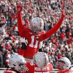 
              Ohio State receiver Jaxon Smith-Njigba celebrates his touchdown against Michigan State during the first half of an NCAA college football game Saturday, Nov. 20, 2021, in Columbus, Ohio. (AP Photo/Jay LaPrete)
            