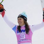 
              Switzerland's Wendy Holdener celebrates a third place finish in a women's World Cup slalom ski race Sunday, Nov. 28, 2021, Killington, Vt. (AP Photo/Robert F. Bukaty)
            