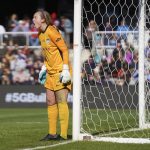 
              Chicago Red Stars goalkeeper Cassie Miller shouts to defenders during the second half of the NWSL Championship soccer match against the Washington Spirit, Saturday, Nov. 20, 2021, in Louisville, Ky. (AP Photo/Jeff Dean)
            
