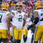 
              Green Bay Packers place kicker Mason Crosby (2) reacts after missing a field goal attempt during the first quarter of an NFL football game against the Kansas City Chiefs Sunday, Nov. 7, 2021, in Kansas City, Mo. (AP Photo/Ed Zurga)
            
