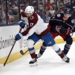 
              Colorado Avalanche forward Tyson Jost, left, chases the puck in front of Columbus Blue Jackets defenseman Jake Bean during the first period of an NHL hockey game in Columbus, Ohio, Saturday, Nov. 6, 2021. (AP Photo/Paul Vernon)
            