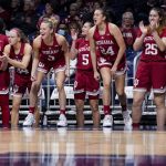 
              Indiana players yell from the sidelines during an NCAA college basketball game against Butler Wednesday, Nov. 10, 2021 in Indianapolis. (Grace Hollars/The Indianapolis Star via AP)
            