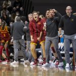 
              Players and coaches on the Iowa State bench cheer during an NCAA college basketball game against Drake, Thursday, Nov. 18, 2021, at the Knapp Center in Des Moines, Iowa. (Kelsey Kremer/The Des Moines Register via AP)
            