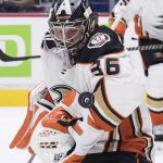 
              Anaheim Ducks goalie John Gibson makes a save during the second period of an NHL hockey game against the Vancouver Canucks in Vancouver, British Columbia, on Tuesday, Nov. 9, 2021. (Darryl Dyck/The Canadian Press via AP)
            