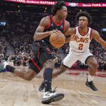 
              Toronto Raptors forward OG Anunoby (3) drives to the basket as he is defended by Cleveland Cavaliers guard Collin Sexton (2) during first-half NBA basketball game action in Toronto, Friday, Nov. 5, 2021. (Evan Buhler/The Canadian Press via AP)
            