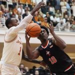 
              Sam Houston State guard Damon Nicholas Jr. (10) is blocked by Texas guard Andrew Jones (1) as he tries to score during an NCAA college basketball game, Monday, Nov. 29, 2021, in Austin, Texas. (AP Photo/Eric Gay)
            