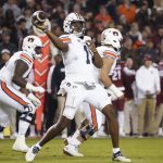 
              Auburn quarterback TJ Finley (1) throws a pass during the first half of the team's NCAA college football game against South Carolina on Saturday, Nov. 20, 2021, in Columbia, S.C. (AP Photo/Sean Rayford)
            