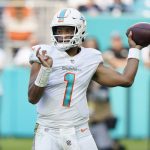 
              Miami Dolphins quarterback Tua Tagovailoa (1) aims a pass during the second half of an NFL football game against the Carolina Panthers, Sunday, Nov. 28, 2021, in Miami Gardens, Fla. (AP Photo/Wilfredo Lee)
            