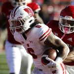 
              Wisconsin running back Chez Mellusi (6) rushes for a touchdown against Rutgers defensive back Christian Izien (0) during the first half of an NCAA college football game, Saturday, Nov. 6, 2021, in Piscataway, N.J. (AP Photo/Noah K. Murray)
            