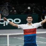 
              Serbia's Novak Djokovic celebrates defeating Russia's Daniil Medvedev during the final match of the Paris Masters tennis tournament at the Accor Arena in Paris, Sunday, Nov.7, 2021. Djokovic won 4-6, 6-3, 6-3. (AP Photo/Thibault Camus)
            
