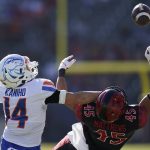 
              Boise State cornerback Kaonohi Kaniho (14) breaks up a pass to San Diego State wide receiver Jesse Matthews (45) during the first half of an NCAA college football game in Carson, Calif., Friday, Nov. 26, 2021. (AP Photo/Ashley Landis)
            