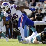 
              Buffalo Bills running back Devin Singletary, left, is tripped up by Jacksonville Jaguars safety Andrew Wingard, right, during the first half of an NFL football game, Sunday, Nov. 7, 2021, in Jacksonville, Fla. (AP Photo/Phelan M. Ebenhack)
            