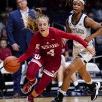 
              Indiana guard Nicole Cardano-Hillary (4) brings the ball up against Butler during an NCAA college basketball game Wednesday, Nov. 10, 2021, in Indianapolis. (Grace Hollars/The Indianapolis Star via AP)
            