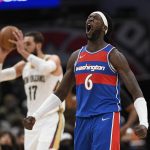 
              Washington Wizards center Montrezl Harrell (6) reacts to a foul called on New Orleans Pelicans center Jonas Valanciunas (17) during the second half of an NBA basketball game Monday, Nov. 15, 2021, in Washington. The Wizards won 105-100. (AP Photo/Nick Wass)
            