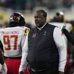 
              Maryland head coach Mike Locksley on the sideline during the first half of an NCAA college football game against Michigan State, Saturday, Nov. 13, 2021, in East Lansing, Mich. (AP Photo/Carlos Osorio)
            