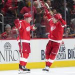 
              Detroit Red Wings left wing Adam Erne, left, celebrates his goal with Vladislav Namestnikov in the third period of an NHL hockey game against the St. Louis Blues Wednesday, Nov. 24, 2021, in Detroit. (AP Photo/Paul Sancya)
            