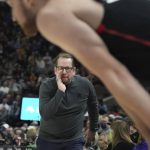 
              CORRECTS TO THURSDAY NOT MONDAY - Toronto Raptors head coach Nick Nurse yells at his player during the first half of an NBA basketball game against Utah Jazz, Thursday, Nov. 18, 2021, in Salt Lake City. (AP Photo/George Frey)
            
