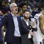 
              Connecticut coach Dan Hurley shouts at officials after a fouled was called against one of his players during the first half of an NCAA college basketball game against LIU, Wednesday Nov. 17, 2021, in Storrs, Conn. (AP Photo/Paul Connors)
            