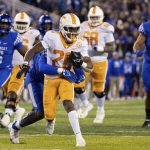
              Tennessee running back Jaylen Wright (20) carries as a Kentucky defender tried to make the tackl during the second half of an NCAA college football game in Lexington, Ky., Saturday, Nov. 6, 2021. (AP Photo/Michael Clubb)
            