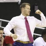 
              Nicholls State basketball coach Austin Claunch gestures during the second half of an NCAA college basketball game against Baylor, Monday, Nov. 15, 2021, in Waco, Texas. (AP Photo/Rod Aydelotte)
            