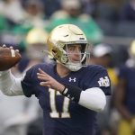 
              Notre Dame quarterback Jack Coan (17) throws during the first half of an NCAA college football game against Georgia Tech, Saturday, Nov. 20, 2021, in South Bend, Ind. (AP Photo/Darron Cummings)
            