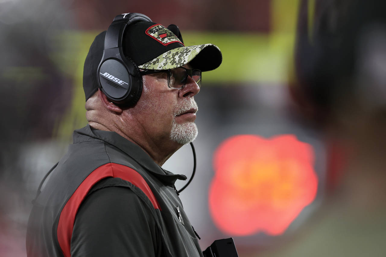 Tampa Bay Buccaneers head coach Bruce Arians looks on during the second half of an NFL football gam...