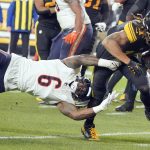 
              Pittsburgh Steelers wide receiver Chase Claypool, right, tries to get away from Chicago Bears linebacker Danny Trevathan (6) after making a catch during the first half of an NFL football game, Monday, Nov. 8, 2021, in Pittsburgh. (AP Photo/Gene J. Puskar)
            