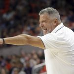 
              Auburn coach Bruce Pearl reacts to a call during the first half of the team's NCAA college basketball game against Morehead State on Tuesday, Nov. 9, 2021, in Auburn, Ala. (AP Photo/Butch Dill)
            