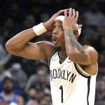 
              Brooklyn Nets forward Bruce Brown reacts after being called for a foul during the first half of the team's NBA basketball game against the Orlando Magic, Wednesday, Nov. 10, 2021, in Orlando, Fla. (AP Photo/Phelan M. Ebenhack)
            