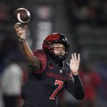 
              San Diego State quarterback Lucas Johnson throws a pass during the first half of the team's NCAA college football game against Nevada on Saturday, Nov. 13, 2021, in Carson, Calif. (AP Photo/Jae C. Hong)
            
