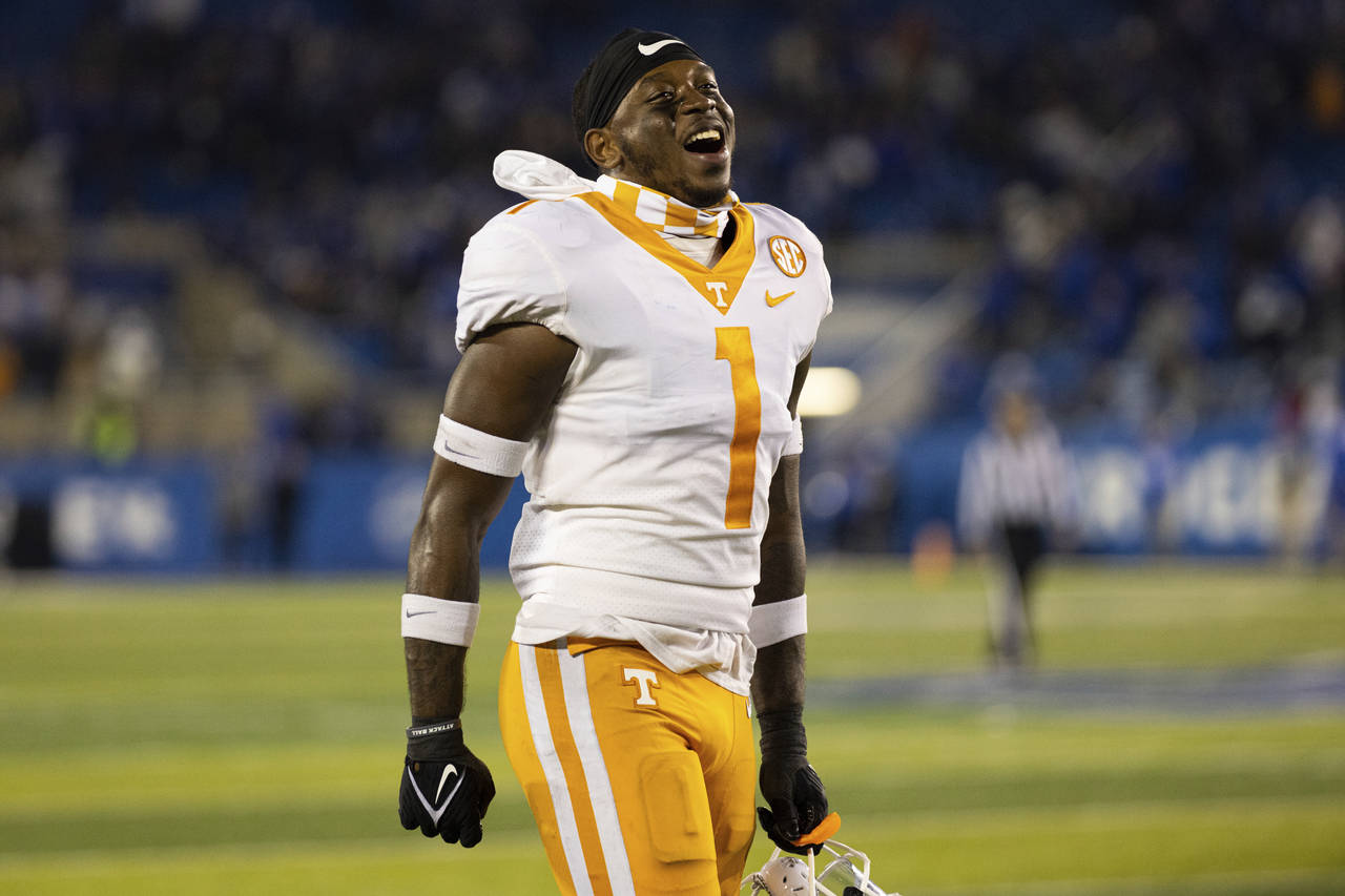 Tennessee defensive back Trevon Flowers celebrates the team's win against Kentucky in an NCAA colle...