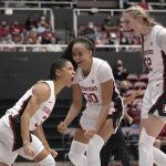 
              Stanford guard Anna Wilson (3) celebrates with Haley Jones (30) and Cameron Brink (22) after making a shot against Morgan State during the first half of an NCAA college basketball game in Stanford, Calif., Thursday, Nov. 11, 2021. (AP Photo/Tony Avelar)
            