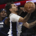 
              Orlando Magic's Cole Anthony (50) is fouled by Minnesota Timberwolves' Jarred Vanderbilt (8) during the first half of an NBA basketball game Monday, Nov. 1, 2021, in Minneapolis. (AP Photo/Stacy Bengs)
            