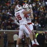 
              Wisconsin safety Scott Nelson (9) celebrates with teammate safety John Torchio (15) after scoring a touchdown after intercepting the ball from Minnesota during the first half of an NCAA college football game Saturday, Nov. 27, 2021, in Minneapolis. (AP Photo/Stacy Bengs)
            