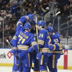 
              Buffalo Sabres' players celebrate after a goal by right wing Tage Thompson (72) during the second period of an NHL hockey game against the Columbus Blue Jackets, Monday, Nov. 22, 2021, in Buffalo, N.Y. (AP Photo/Joshua Bessex)
            