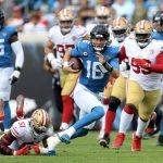 
              Jacksonville Jaguars quarterback Trevor Lawrence (16) scrambles for yardage as he gets away from San Francisco 49ers linebacker Azeez Al-Shaair (51) and defensive tackle D.J. Jones, right, during the first half of an NFL football game, Sunday, Nov. 21, 2021, in Jacksonville, Fla. (AP Photo/Matt Stamey)
            