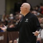 
              St. Bonaventure coach Mark Schmidt reacts during the first half of the team's NCAA college basketball game against Siena, Tuesday, Nov. 9, 2021, in Olean, N.Y. (AP Photo/Jeffrey T. Barnes)
            