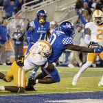 
              Kentucky running back Kavosiey Smoke (0) stretches out for a touchdown during the first half of an NCAA college football game against Tennessee in Lexington, Ky., Saturday, Nov. 6, 2021. (AP Photo/Michael Clubb)
            