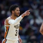 
              New Orleans Pelicans guard Josh Hart (3) reacts after making a basket in the second half of an NBA basketball game against the Los Angeles Clippers in New Orleans, Friday, Nov. 19, 2021. The Pelicans won 94-81. (AP Photo/Gerald Herbert)
            