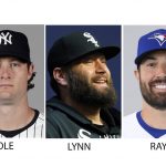 
              FILE - Toronto’s Robbie Ray, Yankees ace Gerrit Cole and Lance Lynn of the White Sox are the finalists for baseball's AL Cy Young Award, to be announced Wednesday, Nov. 17, 2021. (AP Photo/File)
            