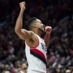 
              Portland Trail Blazers guard CJ McCollum reacts at the end of the team's NBA basketball game against the Indiana Pacers in Portland, Ore., Friday, Nov. 5, 2021. (AP Photo/Craig Mitchelldyer)
            